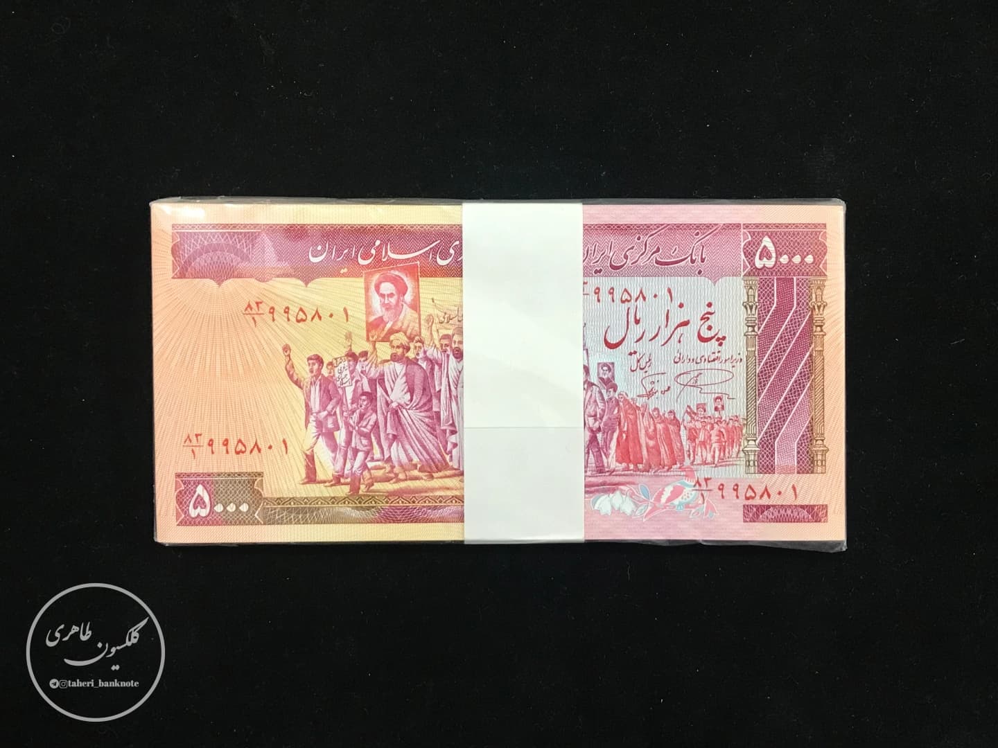 Pack of one to one hundred 5,000 rial banknotes, demonstration, Namazi-Norbakhsh